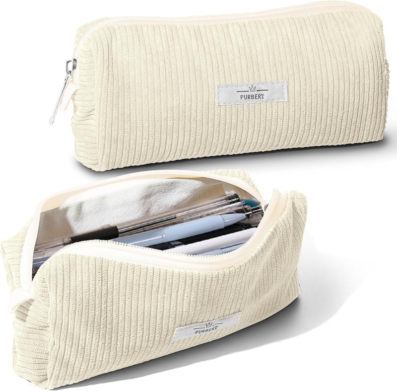 Purbert Pencil Bag Pen Case, Soft Corduroy Small Pencil Pouch Organizer with Zipper, Cute Pencil Case Pouch Stationery for Girls and Boys – White - Image 1